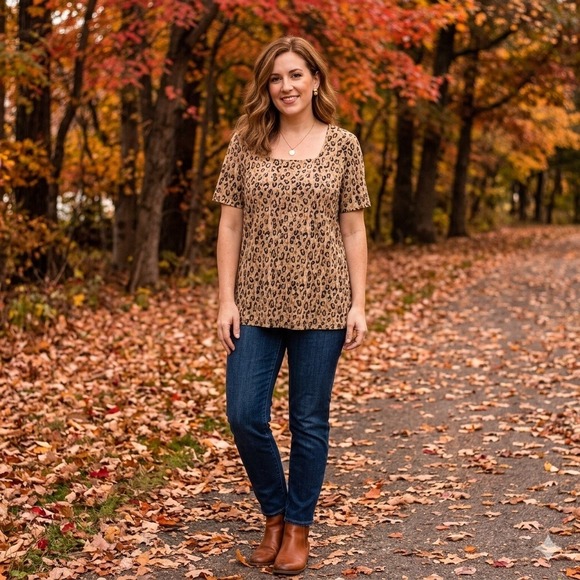 Susan Graver Tops - Susan Graver Leopard Print Indie Chic Short Sleeve Top Womens L Tan Black